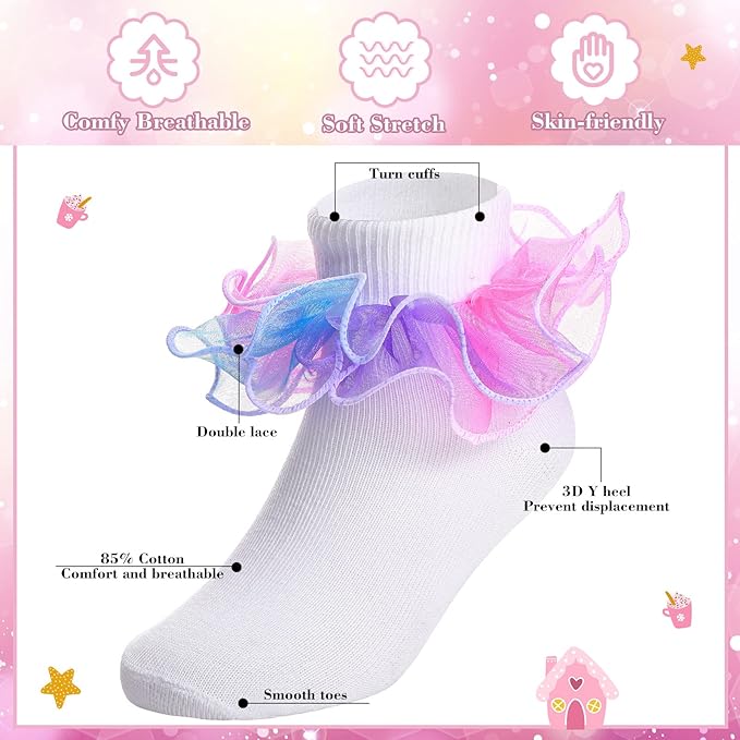 Lasnten 15 Pairs Ruffle Socks for Toddler Girls Double Lace Socks Bulk Turn Cuff Big Ruffle for Infant Toddler and Kids