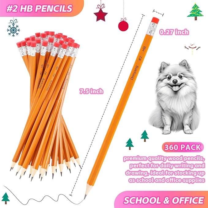 360 Pack 2 Pencils Bulk, Easter Basket Stuffers, Sharpened Number 2 HB Yellow Pencils for School Supplies College Essentials Teacher Office Desk Accessories, Writing, Drawing, Sketching, with Erasers
