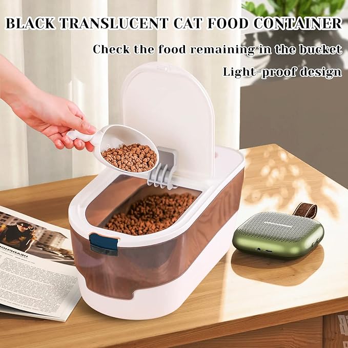 BNOSDM Cartoon Cat Food Storage Container 10-15 Lbs Dog Food Bin with Spring Lid and Cute Scoop, Plastic Pet Storage Container for Cat Dog Bird Dry Food (Blue)