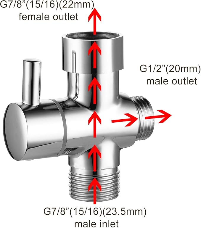 Metal T-adapter with Shut-off T Valve, 78 or 1516 and G12 3-way Water Tee Connector,for Handheld Toilet Bidet Spray Bathroom,Chrome, DSF006