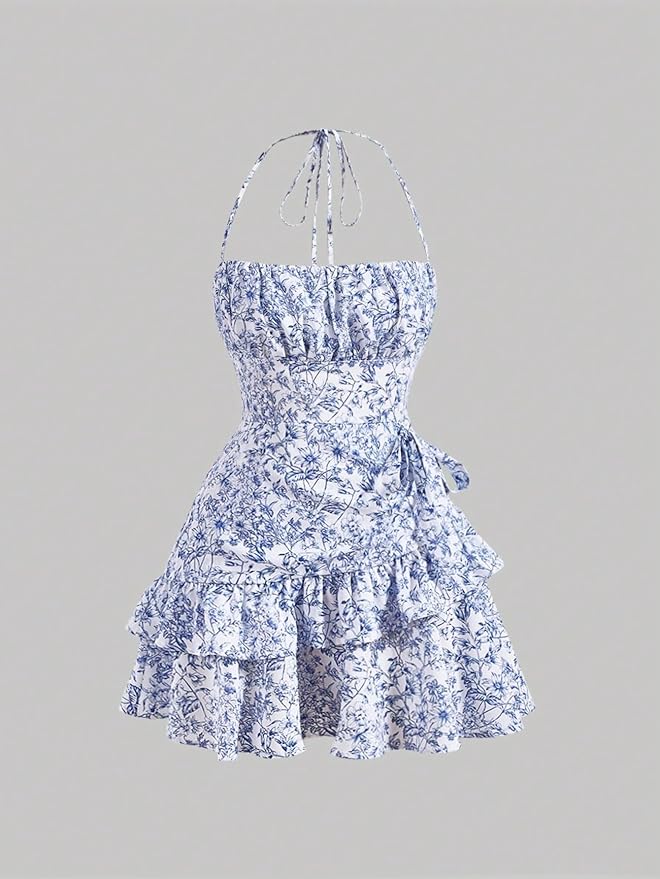 SOLY HUX Women's Summer Halter Dresses Boho Floral Sundress Ruffle Flowy Mini Dress Coquette Birthday Dresses
