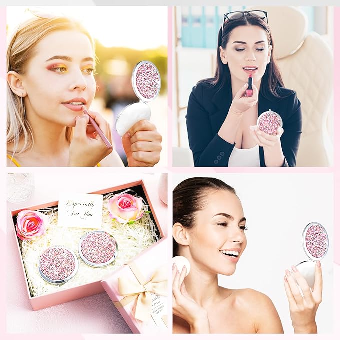 Maitys Compact Mirror Bulk for Purses Small Cosmetic Folding 2.75 Inch Round Diamond Bling 1X 2X Magnifying Pocket Makeup Mirror for Women Wedding Gift, Pink Silver