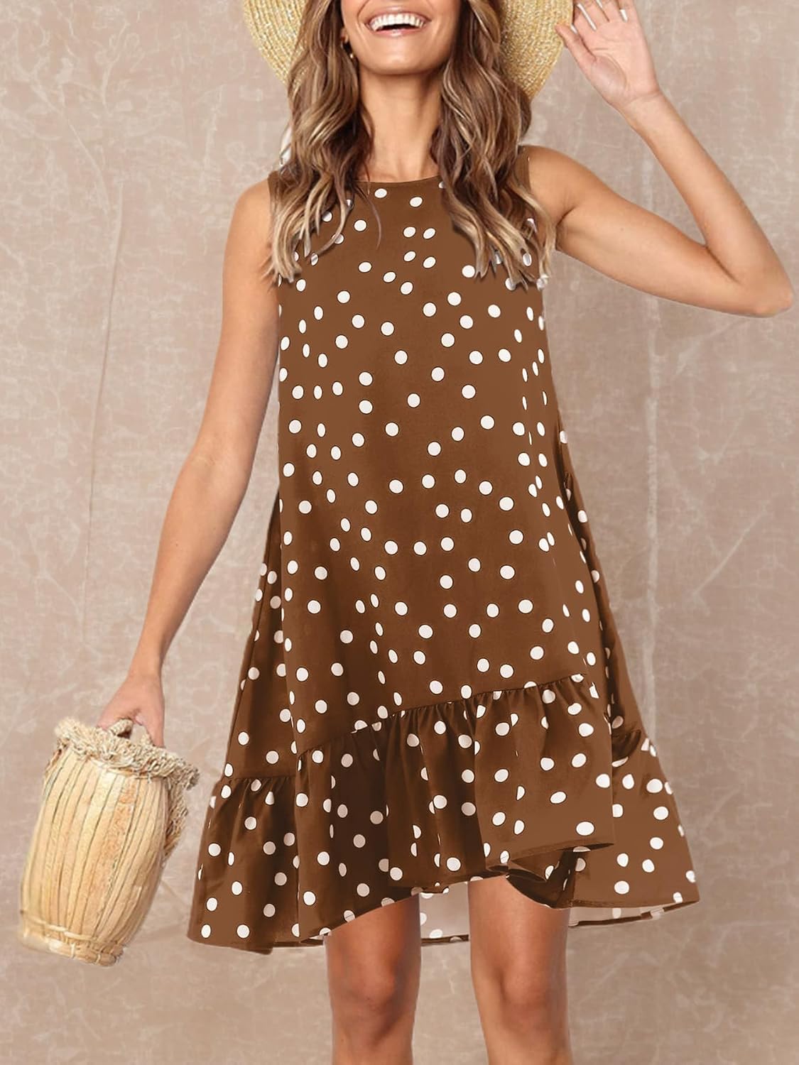 Amoretu Womens Summer Sleeveless Dresses Casual Tunic Ruffle Shift Mini Dress