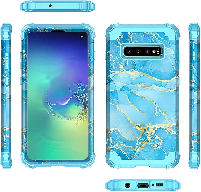 Casetego Compatible with Galaxy S10 Case,Shockproof 3 Layer Heavy Duty Hard PCSoft Silicone Bumper Rugged Anti-Slip Protective Cover Cases for Samsung Galaxy S10,Blue Marble