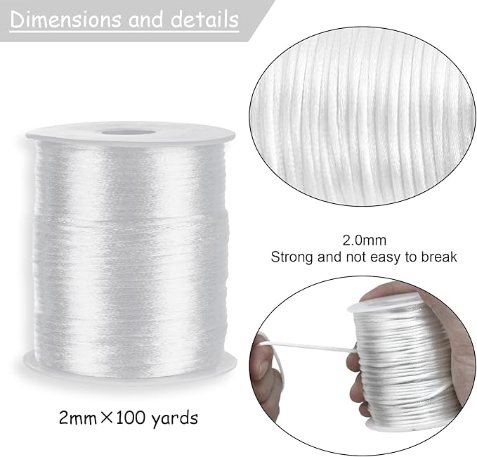Nylon Satin Cord 2mm Rattail Cord White String - 100 Yards Nylon Chinese Knotting Cord Rat Tail Silk Cord for Bracelet Necklace Jewelry Making Macrame Trim, BE-02