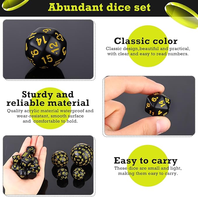 Civaner 15 Pcs Complete Polyhedral Dice Set D3-D100 Spherical RPG Dice Set in Opaque Black, 100 Sides for Role Playing Table Games Party Supplies(Black and Yellow)