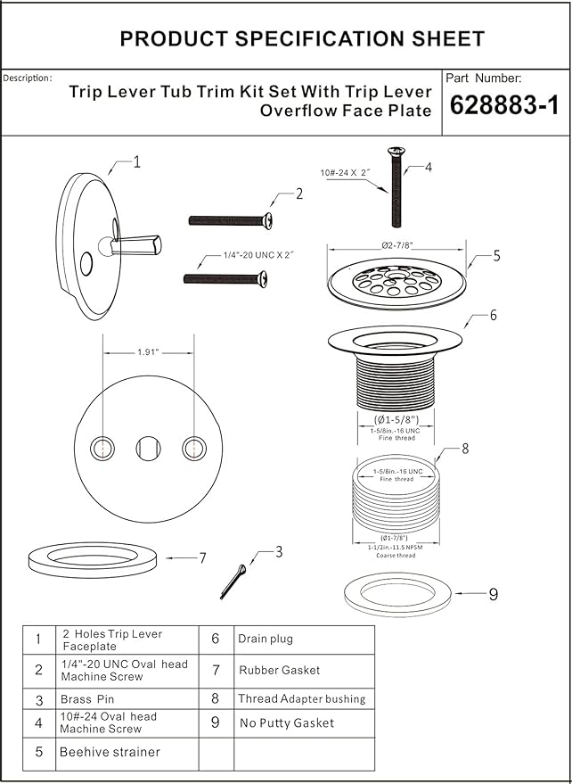 Champagne Bronze Trip Lever Tub Trim Kit Set with Trip Lever Overflow Face Plate, No Putty Gasket, Trip Lever Bathtub Drain with Strainer, Overflow and Matching Screws, No Putty Installation Artiwell