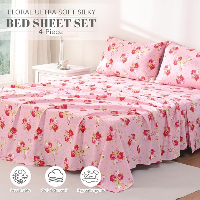 Bedlifes Full Size Sheet Sets Ultra Soft Breathable Silky Flower Bed Sheets Deep Pocket 100 Microfiber Bedding Sheets 4 Piece Full Size Pink Floral(Red Rose)