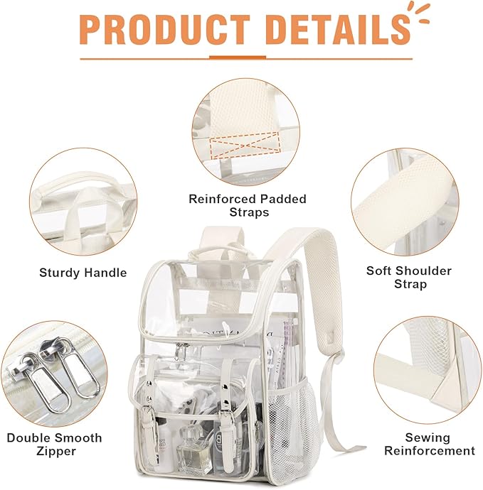 Clear Backpack with Clear Bag Set, Leather Clear Backpack Heavy Duty Thick PVC Clear Bookbag Fashion See Through Transparent Backpack with Support Pad for College Travel Work Security Beige