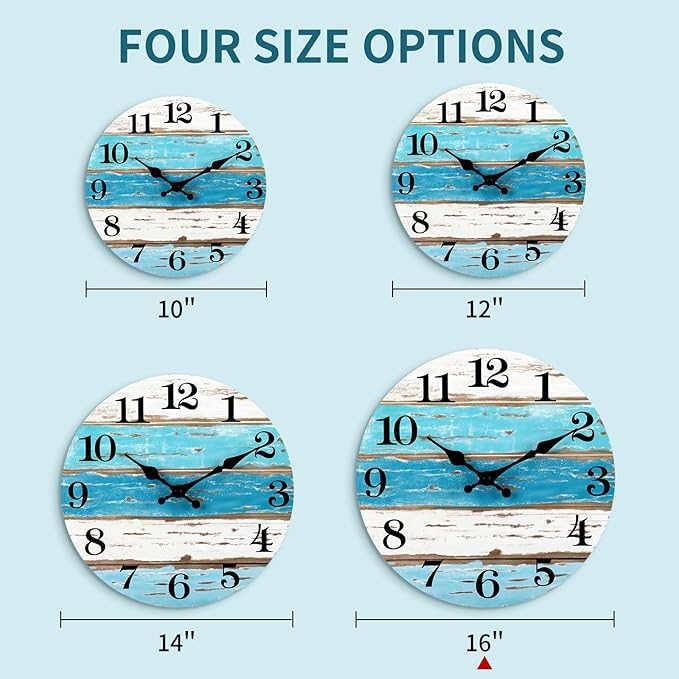 CHYLIN 16 Inch Wall Clock, Large Outdoor Clocks for Patio, Pool Beach House Decor Tropical Clocks for Walls, Nautical Coastal Themed Blue Clock for Lake House, Bathroom, Living Room, Kitchen (16")