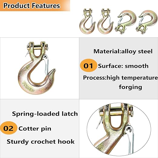 4Pack Clevis Slip Hook, 38 Inch Safety Latch Hook, Heavy Duty Forged G70 Chain Hook for Truck Trailer Winch Transport Tow Safety Chain Hooks,18,000 Lb Capacity