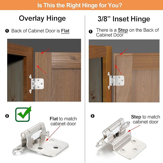 10 Pack (5 Pair) Brushed Satin Nickel Self-Closing Cabinet Hinges for Flush Mount Kitchen Cabinet Door, 1/2" Overlay (Variable) Face Frame Semi-Concealed Hinges