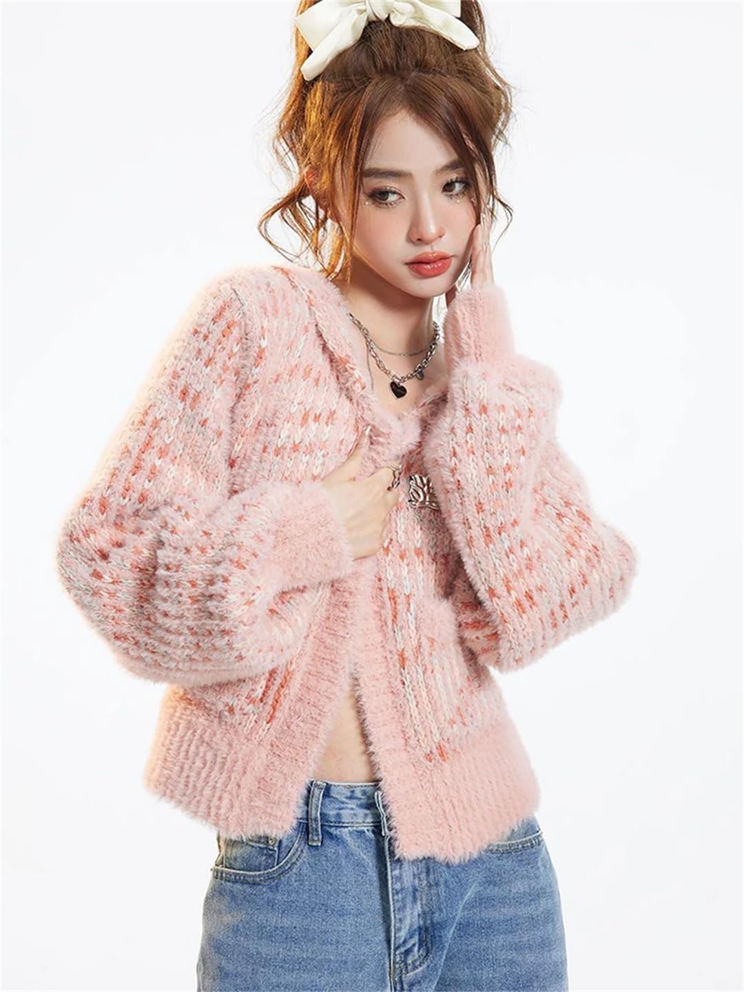 Women Knitted Cardigan Loose Lazy Wind Sailor Collar Sweaters Textured Patchwork Tops