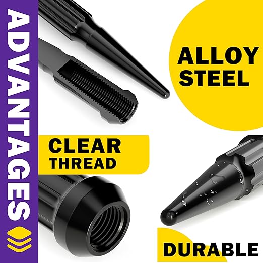 M14x1.5 Spike Lug Nuts, Set of 24 Black Spline Spiked Lug Nut with Key for Chevy Silverado 1500 GMC Sierra Yukon Tahoe Dodge Ram Ford F150, 14x1.5 Acorn Solid Metal Truck Lug Nut Wheel Accessories