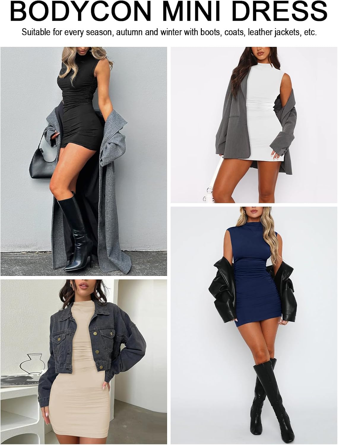 MIYIEONZ Women's Sexy Summer Casual Mock Neck Sleeveless Bodycon Dresses Ruched Turtleneck Cocktail Party Mini Dress