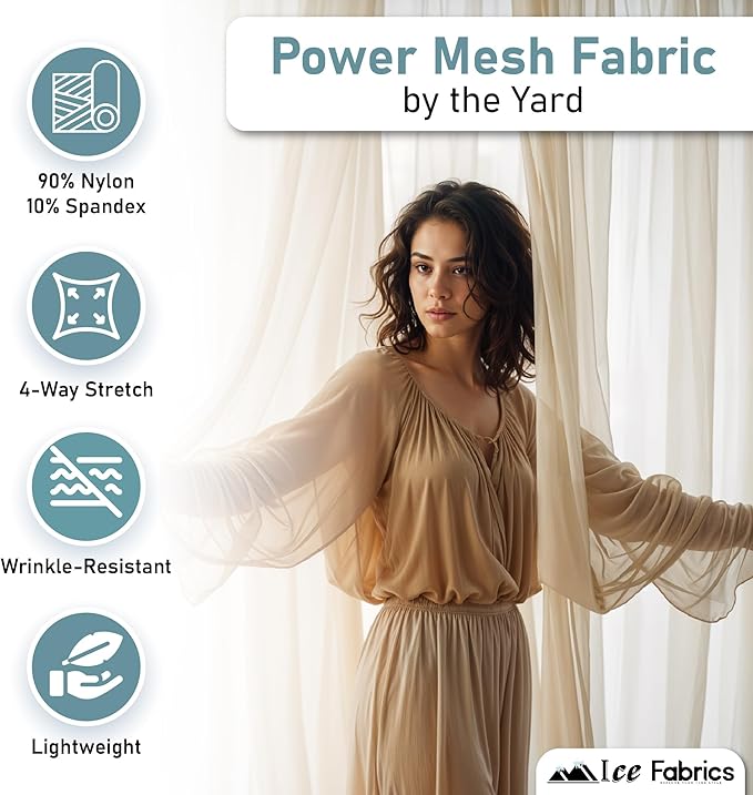 Ice Fabrics 4-Way Stretch Power Mesh Fabric by The Yard - 60" Wide Nylon Spandex Sheer Net Fabric - Breathable Stretchy Mesh Fabric for Sewing Activewear, Dresses, Crafts - Black - 1 Yard