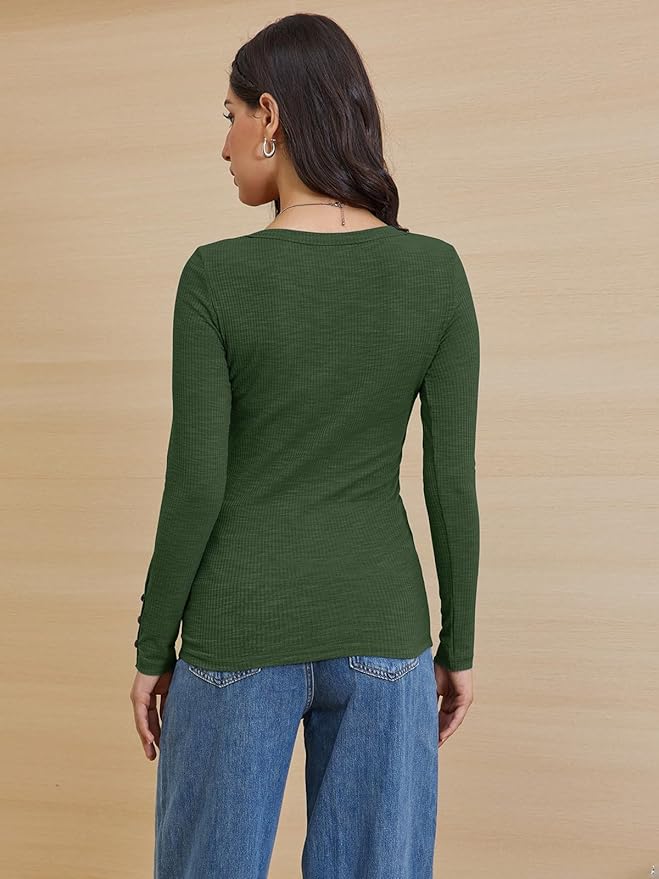 ATHMILE Women's Long Sleeve Shirts Casual Fall Henley Top Button Down Blouses Basic Ribbed Knit T Shirts 2025