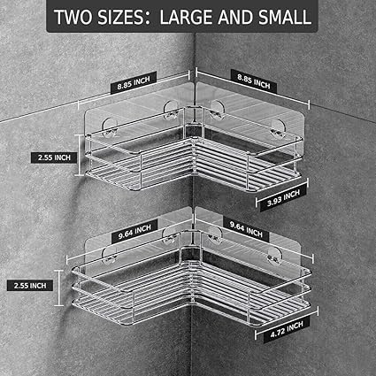 Nieifi Corner Shower Shelves Stainless Steel, Adhesive Shower Caddy Basket Rack with Hooks, Rust Proof for Bathroom Shelf Shampoo Holder (Silver, 2 Pack)