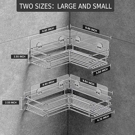 Nieifi Corner Shower Shelves Stainless Steel, Adhesive Shower Caddy Basket Rack with Hooks, Rust Proof for Bathroom Shelf Shampoo Holder (Silver, 2 Pack)