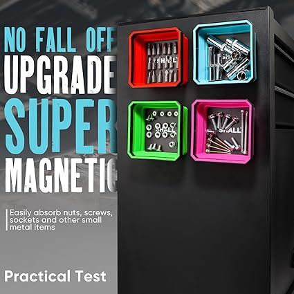 SHALL New Version Collapsible Magnetic Parts Tray Set, 4-Pack Magnetic Tool Trays for Screw Bolts Nuts Washers Pins Small Metal Parts, 4.5 Square Silicone Foldable Bowls wDual-Sided Magnetic Base
