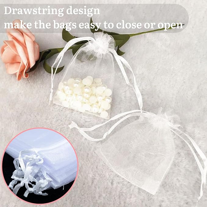 100PCS Sheer Organza Bags With Drawstring for Wedding Favor, Party, Favor Jewelry, Candy, Birthday, Christmas, Festival, Soaps, Makeup,Wrapping Supplies, 4.72 x 4 Inch Small Mesh White Gift Bags.