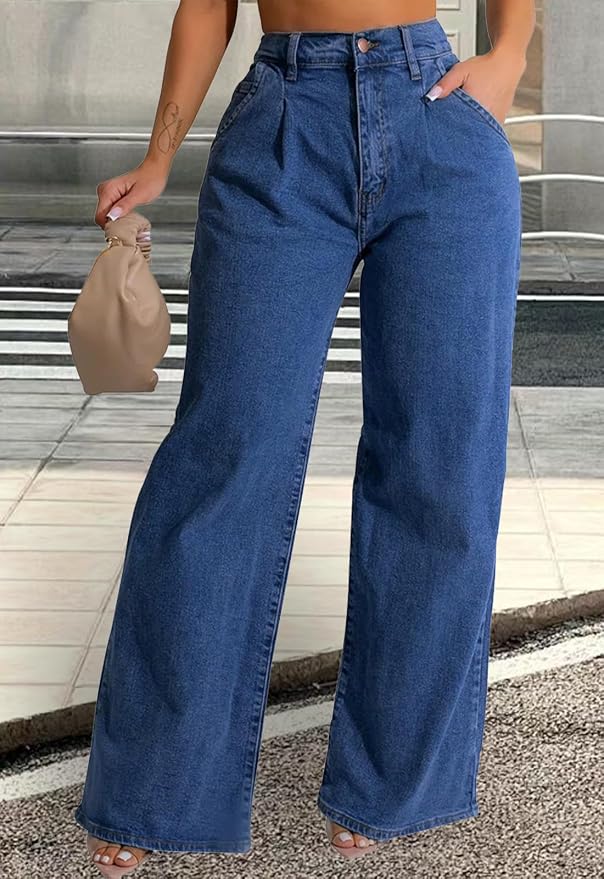 Light blue In Color, ZERMOM Women's Wide Leg Jeans Casual Stretch High Rise Baggy Loose Denim Pants