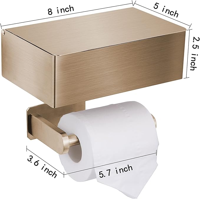 Adhesive Toilet Paper Holder with Shelf and Storage, Wall Mount Toilet Paper Roll Holder Flushable Wipes Dispenser Set Fits Any Bathroom, Stainless Steel Tissue Holder-Round, Gold