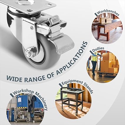 POWERTEC 3 Inch Swivel Caster Wheels Set of 4 with Brake 880 lbs Loads, Heavy Duty Plate Casters, Dual Locking PU Castor Wheels for Furniture, Cart, Dolly and Workbenches (17208V)