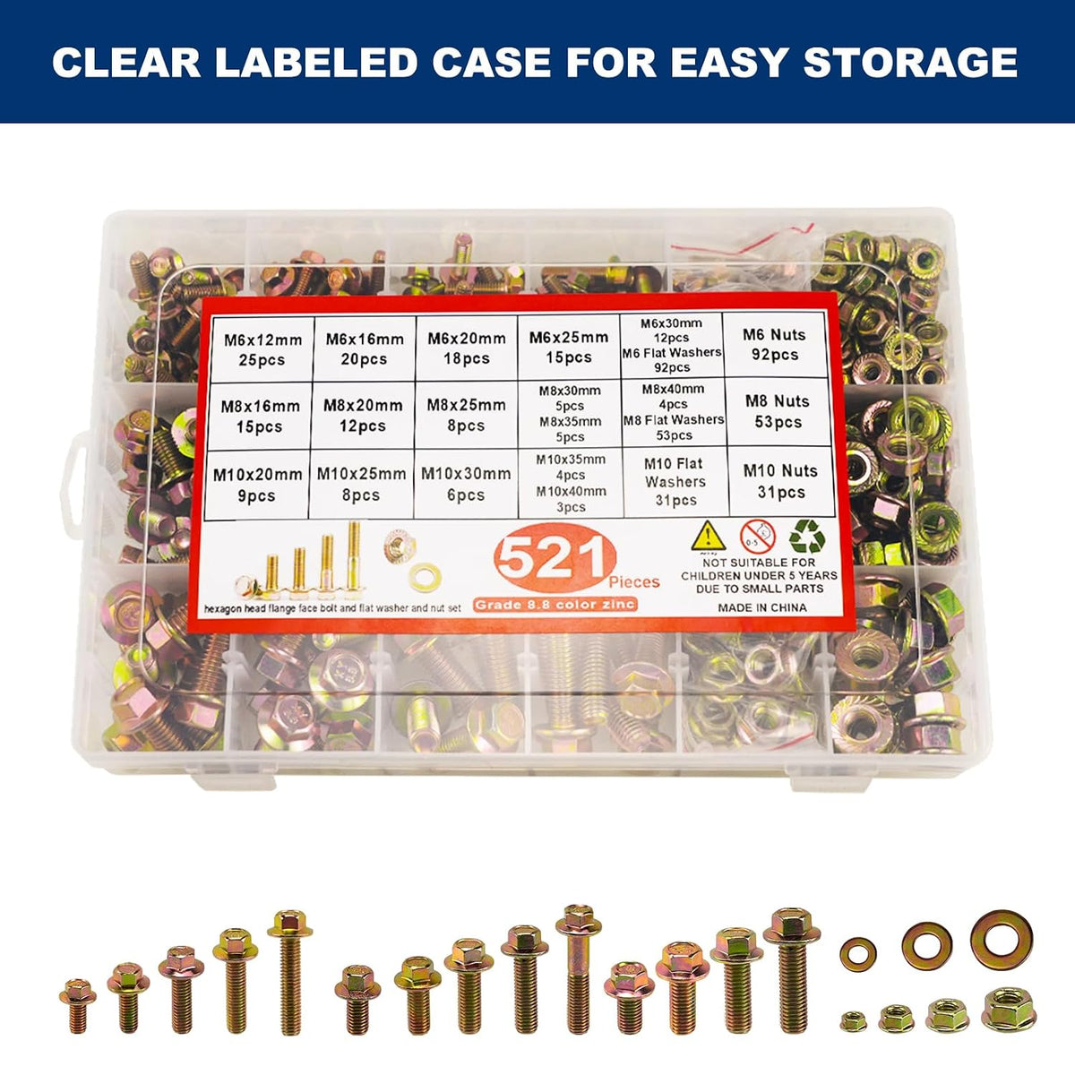 521PCS Nuts and Bolts Assortment Kit - Heavy Duty Grade 8.8 Metric M6 M8 M10 Bolt Set ( Specification are all correct but different brand from the picture )