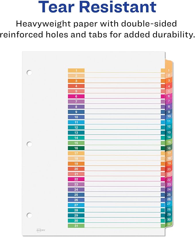 Avery 1-31 Tab Dividers for 3 Ring Binders, Customizable Table of Contents, Multicolor Tabs, 1 Set (11129)