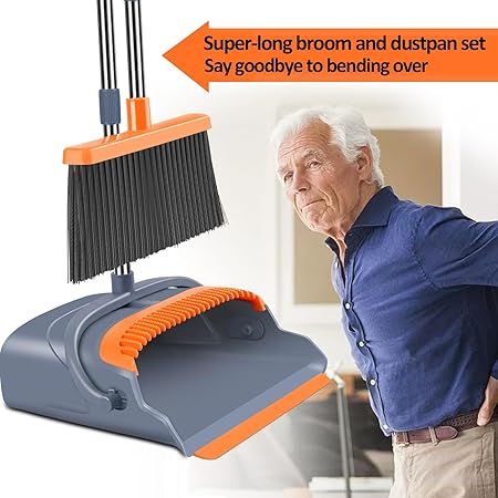 kelamayi Upgrade Broom and Dustpan Set, Self-Cleaning with Dustpan Teeth, IndoorOutdoor Sweeping, Ideal for Dog Cat Pets Home Use, Stand Up Broom and Dustpan (GrayOrange)