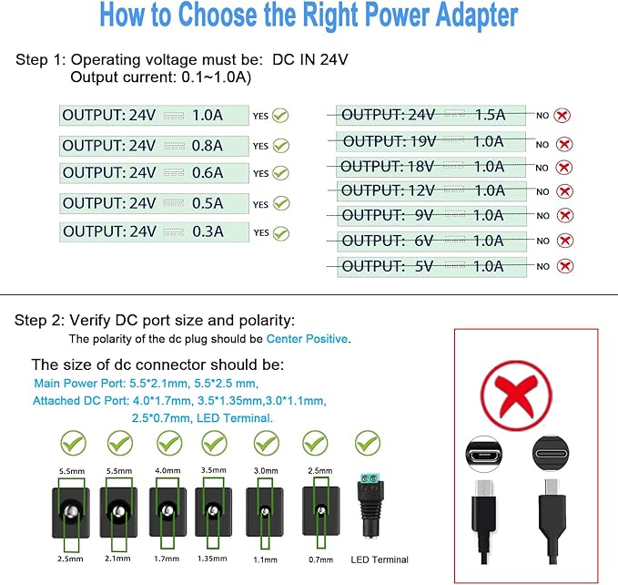 TKDY 24V 1A Power Supply Cord White, 110-240V AC to 24Vdc 24W Class 2 Adapter, DC24V Switching Charger for 24 Volt 1.0A 1000mA 0.75A 750mA 0.5A 500mA Diffuser Humidifier LED Light.