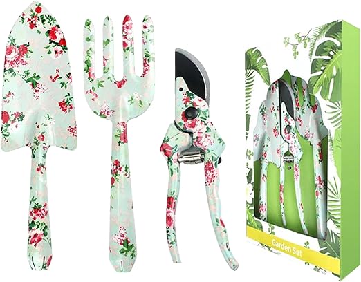 Gardening Tools Set, Garden Tool Set, 3Pcs Gardening Gifts for Women, Gardening Tools with Floral Print, Including Trowel, Pruner, Hand Rake