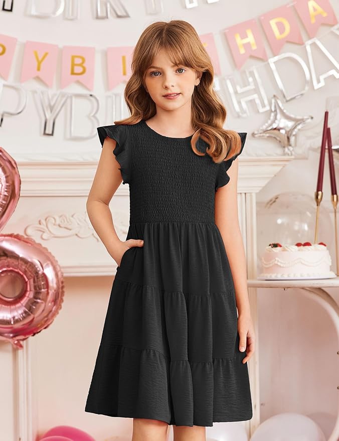 Arshiner Girls Dress Summer Ruffle Sleeve Smocked Tiered Casual Party Sundress with Pockets