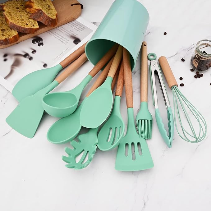 1pc Green Silicone Kitchen Tong, Stainless Steel Metal Food Tongs with Non-stick Silicone Tips for Serving Food, Locking Silicone Tong for Salad BBQ Serving Buffet Frying.