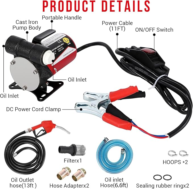 GAOMON 12V Fuel Transfer Pump, Diesel Transfer Pump with Nozzle Hose for Gasoline, Diesel, 8 GPM Self Priming DC Electric Diesel Fuel Transfer Pump Kit, Black