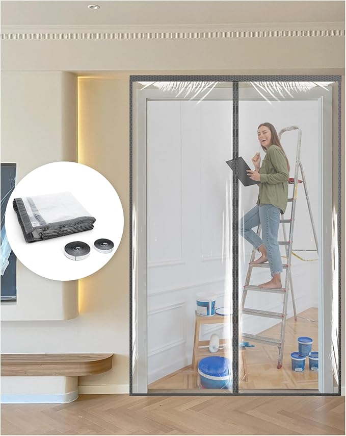 Magnetic Door Cover for Dust Control Room Separation, Temporary Plastic Door Curtain for Home Renovation Construction, Reusable Dust Barrier for Remodeling, 3'11"7'2"