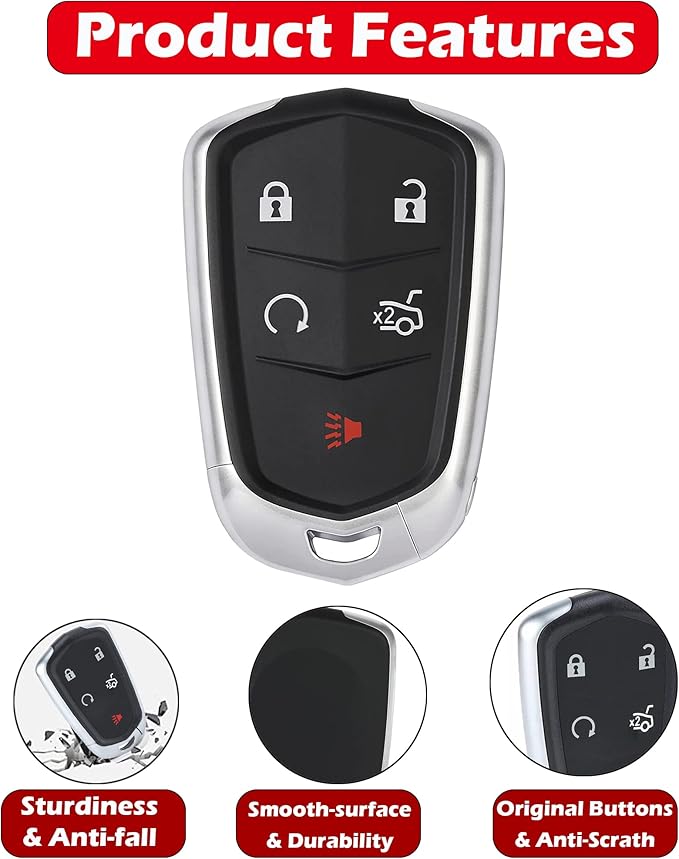 Key Fob Shell for Cadillac ATS CTS XTS 2014-2020, Alliskeys 5-Button Smart Key Case Cover Replacement for Cadillac HYQ2ABHYQ2EB