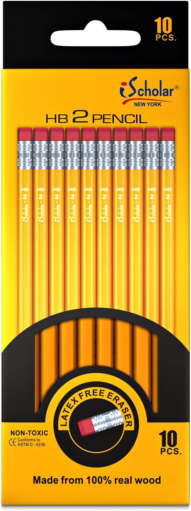 iScholar No. 2 Yellow Pencils with Erasers, 1 pack of 10 Pencils, Yellow (33310)