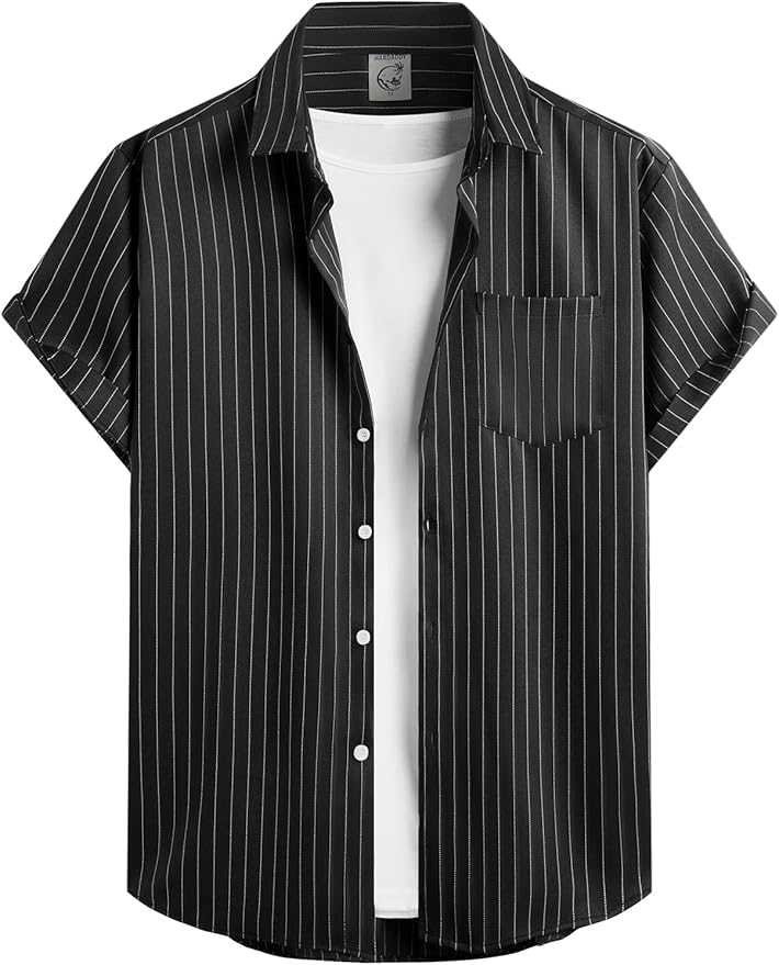 Hardaddy Men's Casual Striped Shirts Button Down Short Sleeve Blouse Summer Hawaiian Shirt