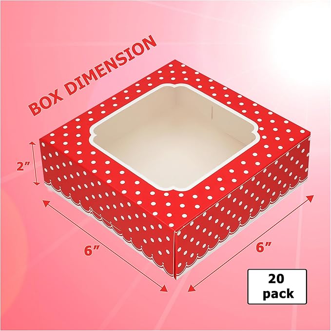 20 Pack Bakery Boxes with Window Small 6x6x2 inch for Cookie, Candy, Pastry, Brownie, Chiffon Cake, Tart, Pie, Waffle (Red-Polka Dot)