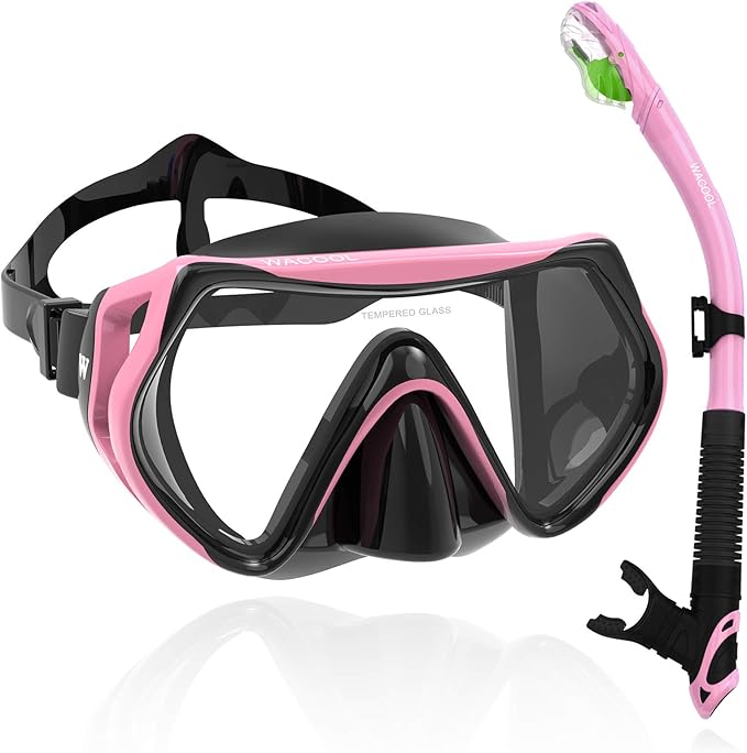 WACOOL Professional Snorkeling Snorkel Diving Scuba Package Set with Anti-Fog Coated Glass Purge Valve and Anti-Splash Silicon Mouth Piece for Men Women (Kids,Pink)