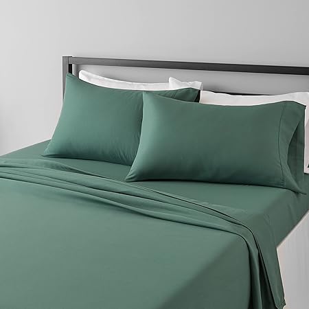 Basics Lightweight Super Soft, Breathable Easy Care Microfiber 4-Piece Bed Sheet Set with 14-Inch Deep Pockets, Queen, Emerald Green, Solid