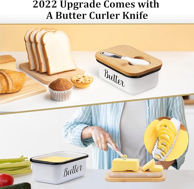 LANDNEOO Butter Dish with Lid and Butter Curler Knife - Unbreakable Stainless Steel Keeper Container with Double Silicone Sealing, for Kitchen Farmhouse Decor