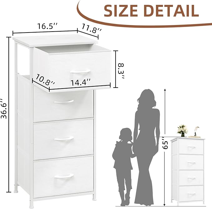 Somdot Tall Dresser for Bedroom with 4 Drawers, Storage Organizer Chest of Drawers with Removable Fabric Bins for Living Room Closet Bedside Nursery Laundry Entryway Hallway, White Leather