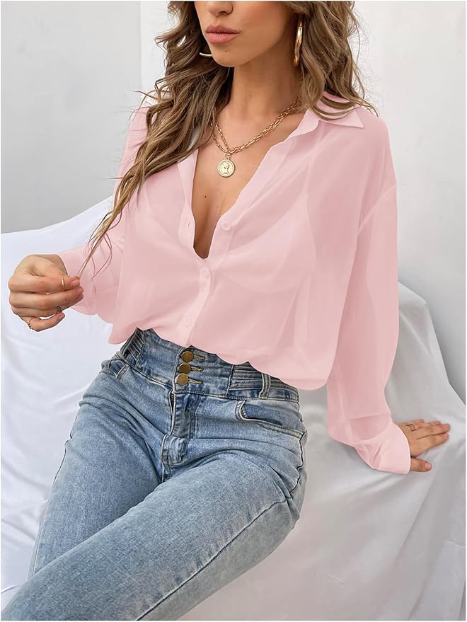 Verdusa Women's Sheer Mesh Button Down Shirt Top Long Sleeve Drop Shoulder Blouse