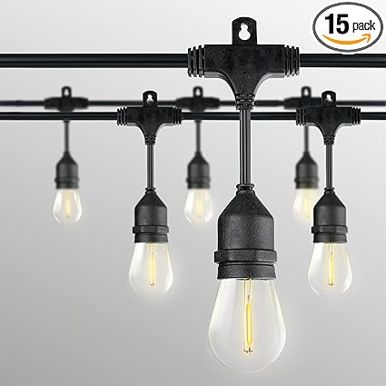 Honeywell 48 FT Outdoor String Lights, Commercial Grade Waterproof LED Patio Lights, 15 Plastic E26 Bulbs, Create Cafe Lighting Ambience in Your Backyard