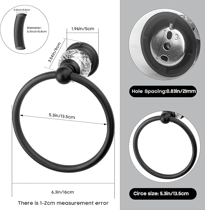 Black Crystal Towel Ring, Bathroom Towel Holder Ring, Matte Black Bathroom Towel Rack Hanger Home Hand Towel Ring Towel Holder for Bathroom Wall Mounted Bathroom Accessory