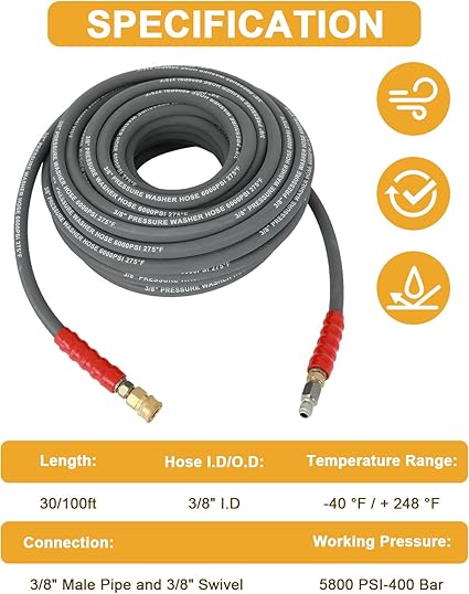 OCPTY Hot Water Pressure Washer Hose 38" x 100ft 6000 psi Non-Marking 2-Braid R2 Gray