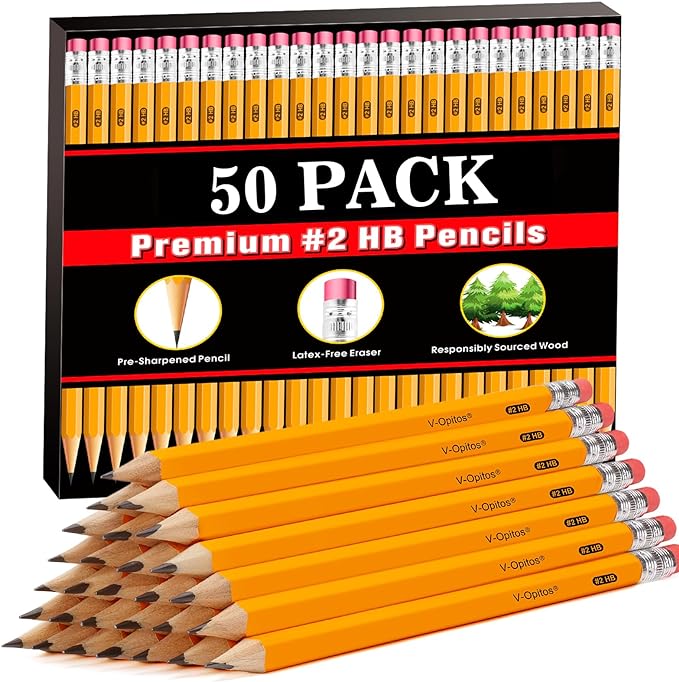V-Opitos Wood-Cased 2 HB Pencils, 50 Pack Pre-Sharpened Pencils with Top Erasers, Bulk Yellow Pencils for School Teacher Supplies, Writing, Drawing and Sketching